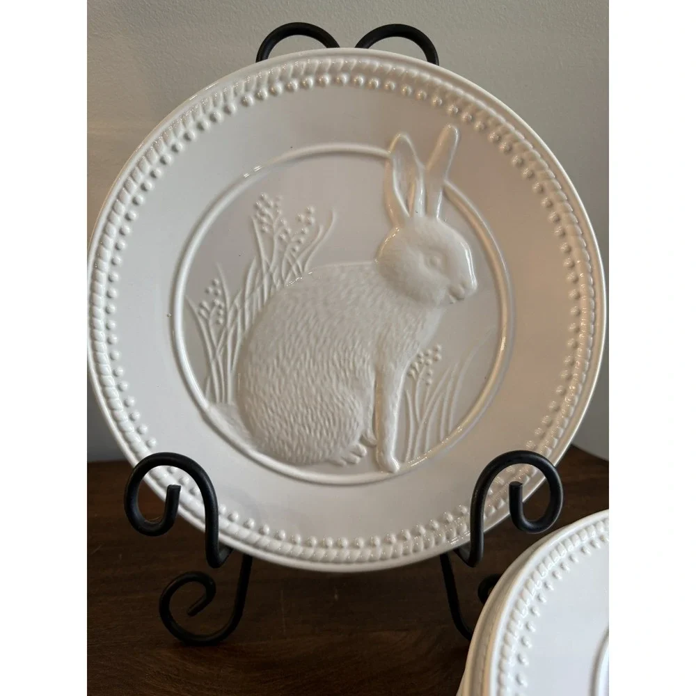 Set of 6 Pottery Barn Embossed Rabbit Bunny Salad Plates 8.25